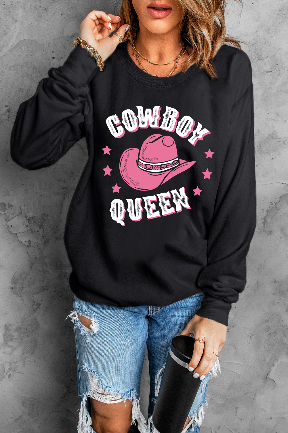 Black COWBOY QUEEN Hat Graphic Print Pullover Sweatshirt Graphic Sweatshirts JT's Designer Fashion