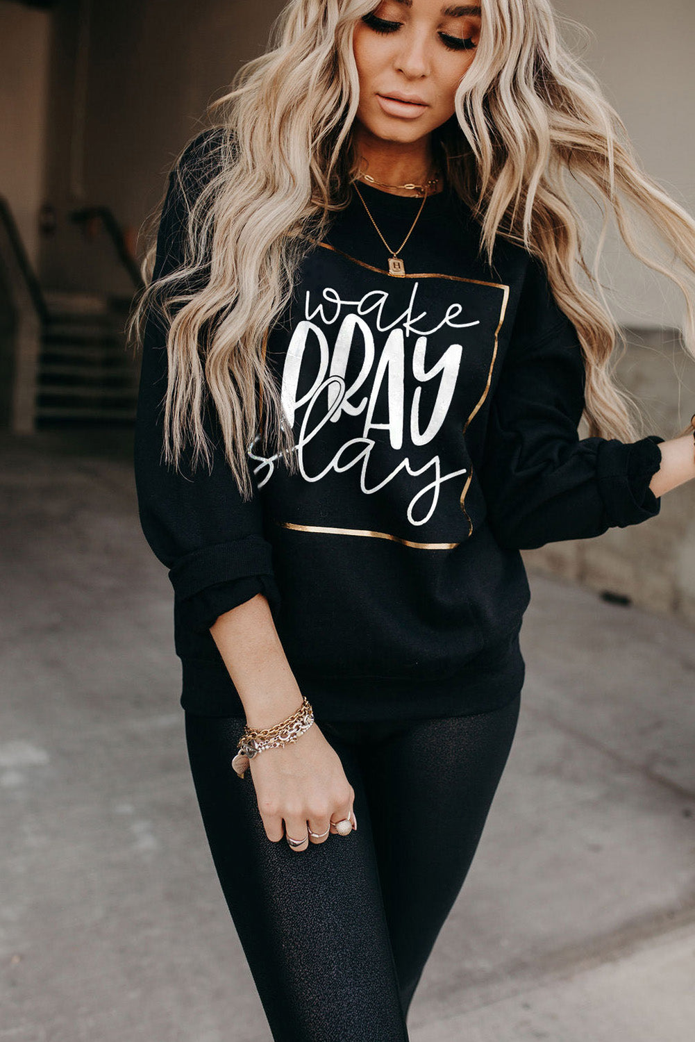 Black Wake Pray Slay Glitter Print Pullover Sweatshirt Graphic Sweatshirts JT's Designer Fashion