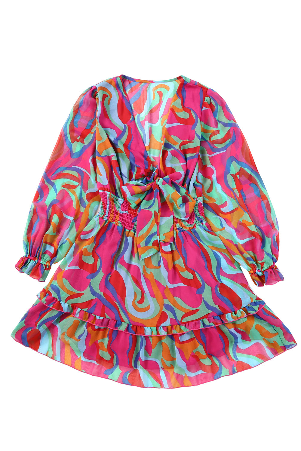 Rose Sky Blue Deep V Neck Lantern Sleeve Knotted Tiered Mini Dress Dresses JT's Designer Fashion