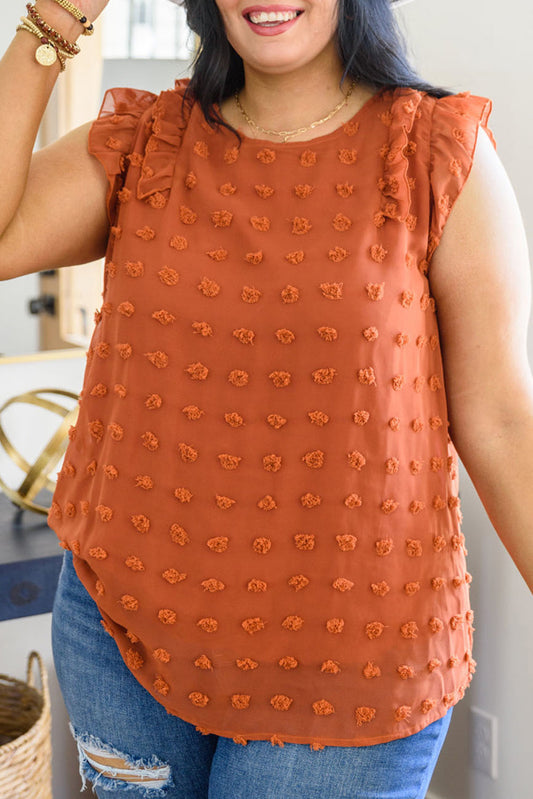 Orange Sheer Ruffle Detail Swiss Dot Curvy Tank Top Plus Size Tops JT's Designer Fashion