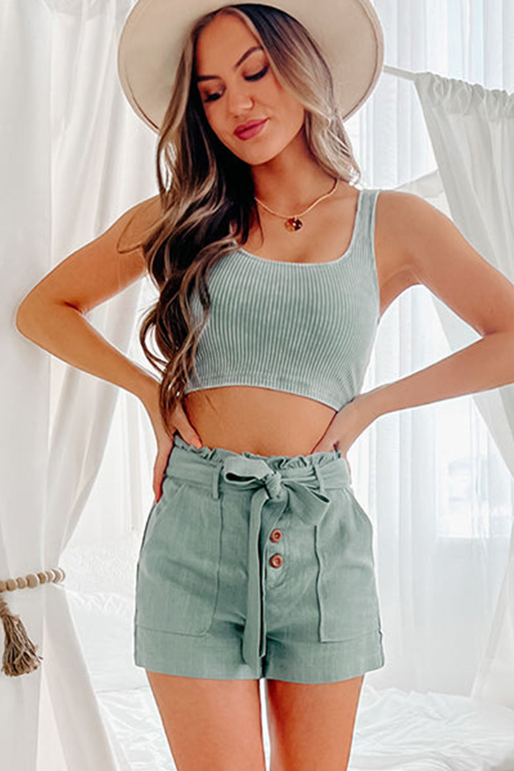 Green Button Fly Belted Paperbag Waist High Waist Casual Shorts Casual Shorts JT's Designer Fashion