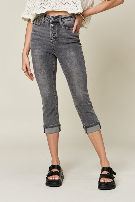 Judy Blue Full Size Button Fly High Waist Cuffed Capris GRAY Jeans JT's Designer Fashion