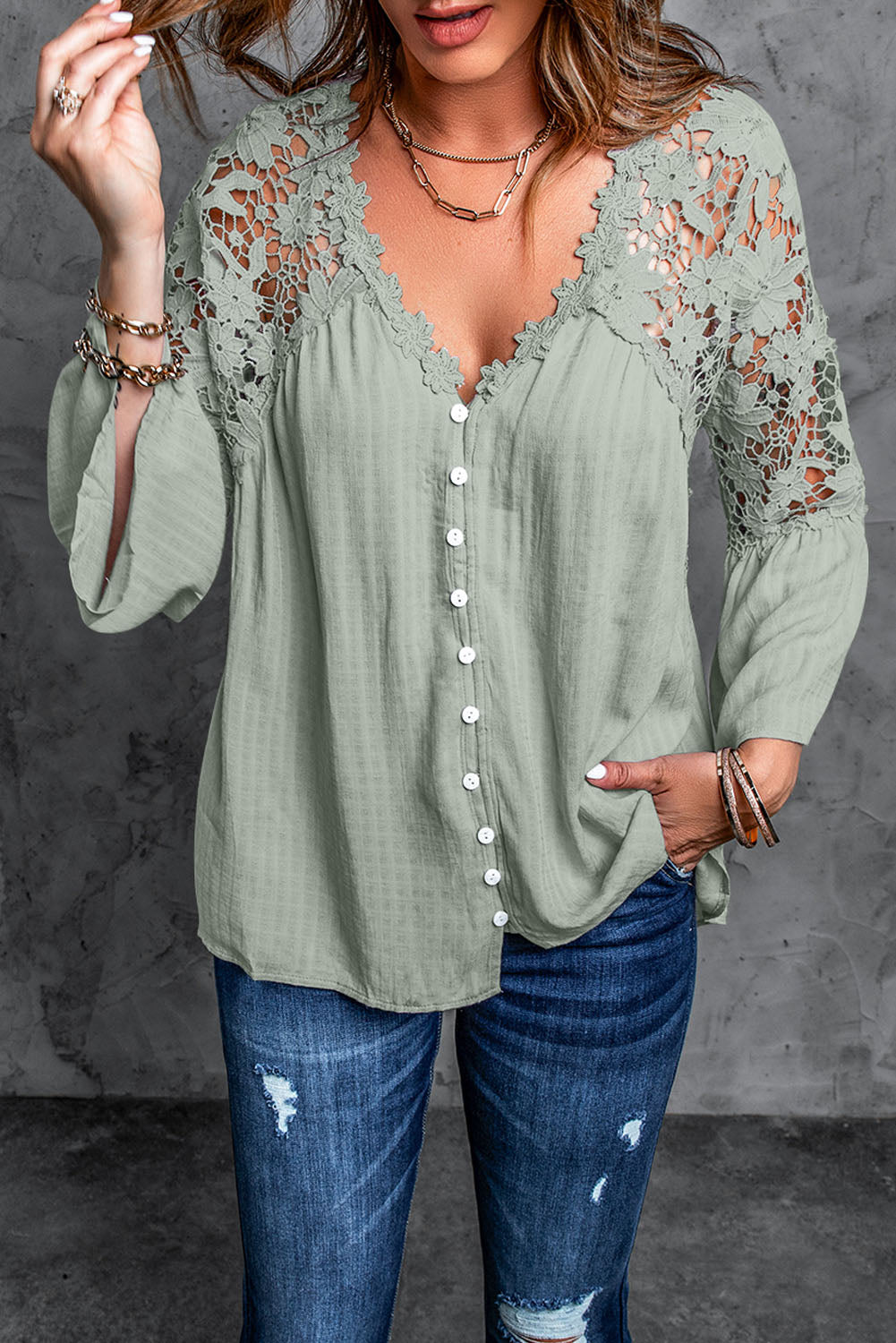 Green Crochet Lace Button Top Blouses & Shirts JT's Designer Fashion