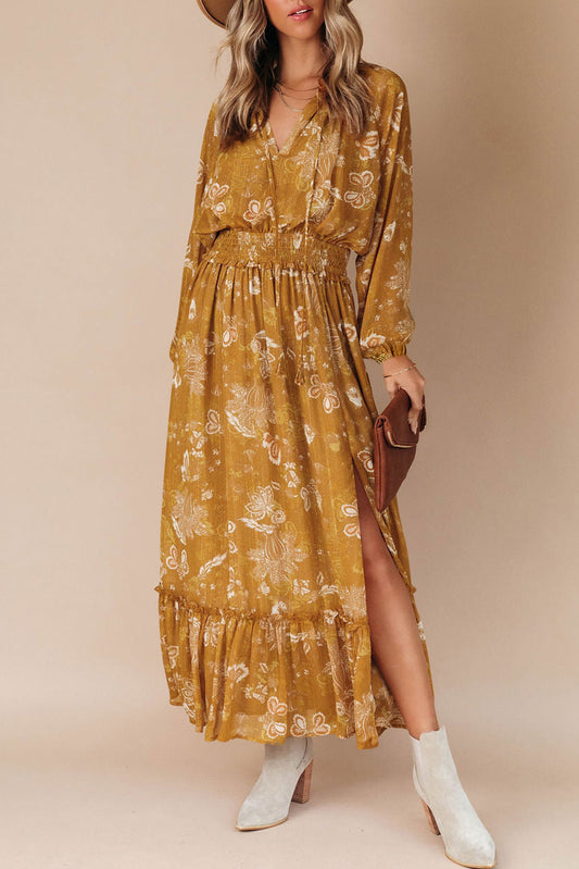 Gold Tie V Neck Long Sleeve Floral Ruffle Split Dress Dresses JT's Designer Fashion