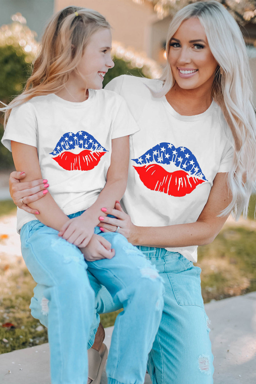 White Family Matching Girl's American Flag Lip Print Short Sleeve T Shirt White 95%Polyester+5%Elastane Family T-shirts JT's Designer Fashion