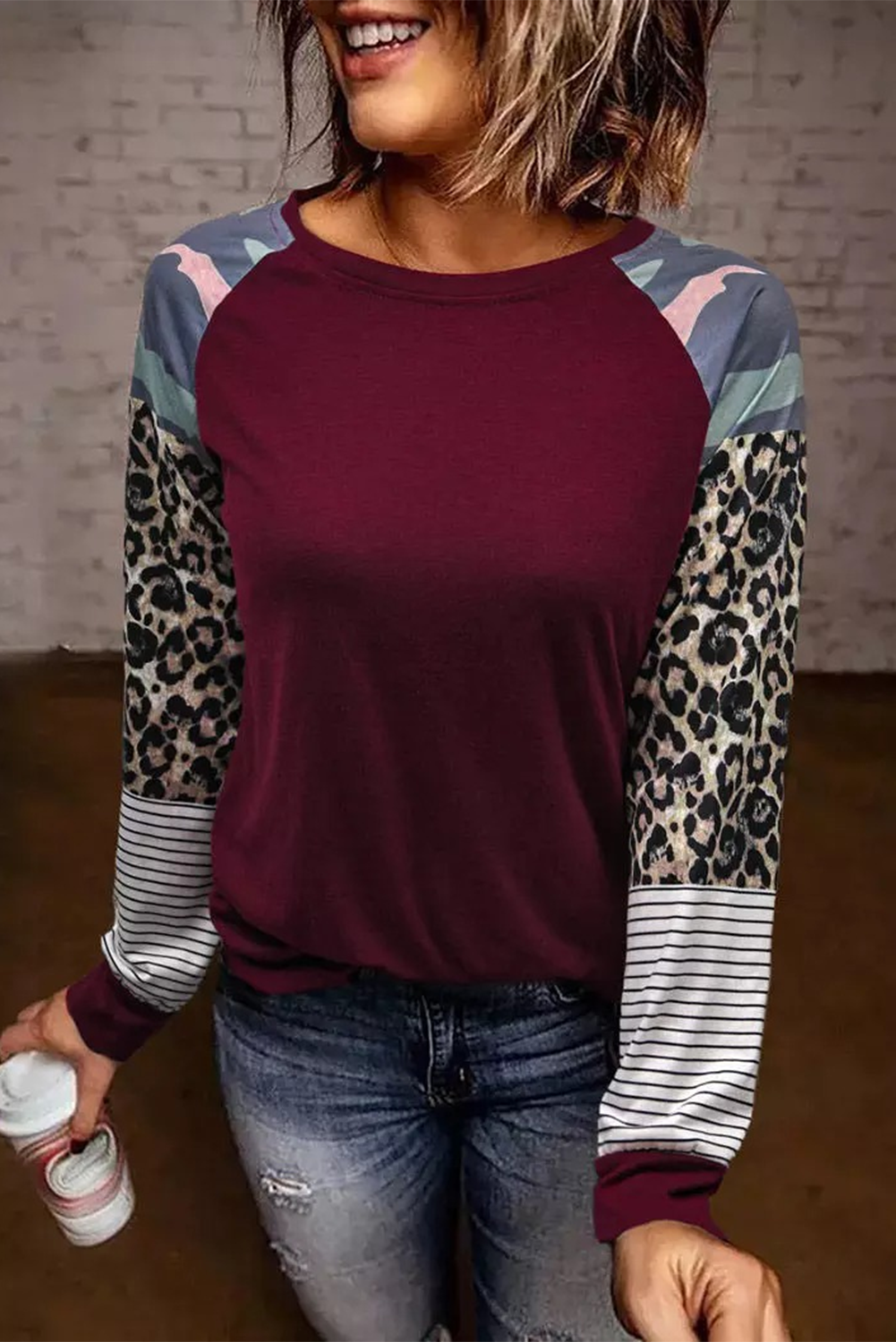 Burgundy Camouflage Striped Leopard Splicing Blouse Red 60%Polyester+35%Viscose+5%Elastane Long Sleeve Tops JT's Designer Fashion