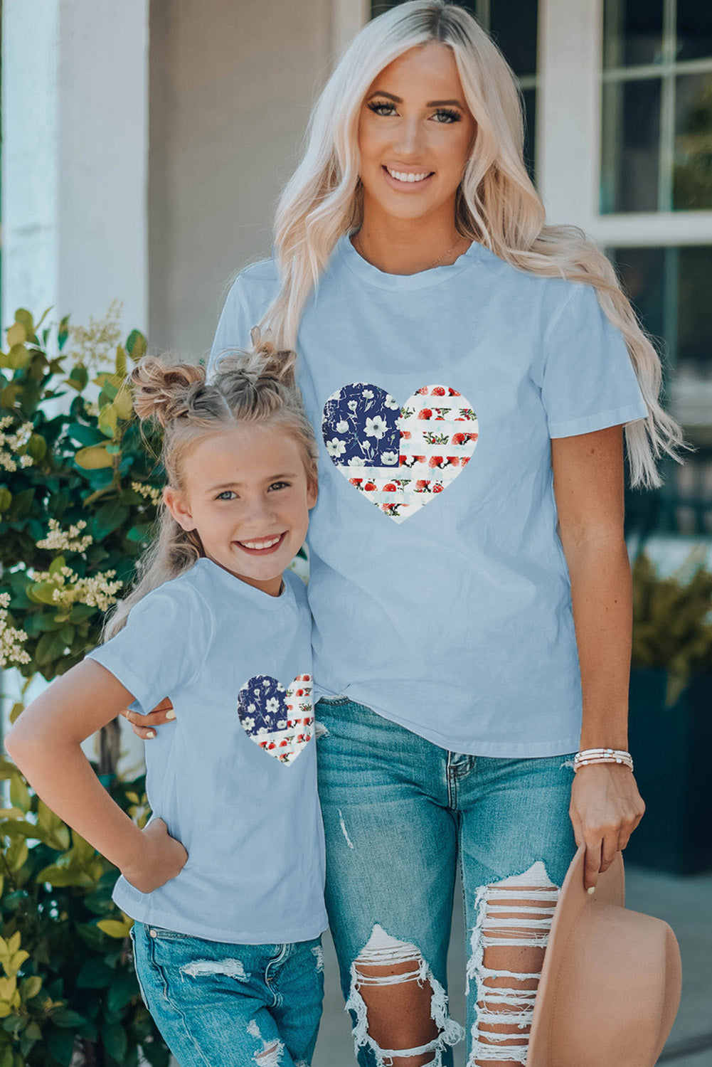 Sky Blue Family Matching American Flag Flower Heart Print Girl's Graphic Tee Sky Blue 95%Cotton+5%Elastane Family T-shirts JT's Designer Fashion