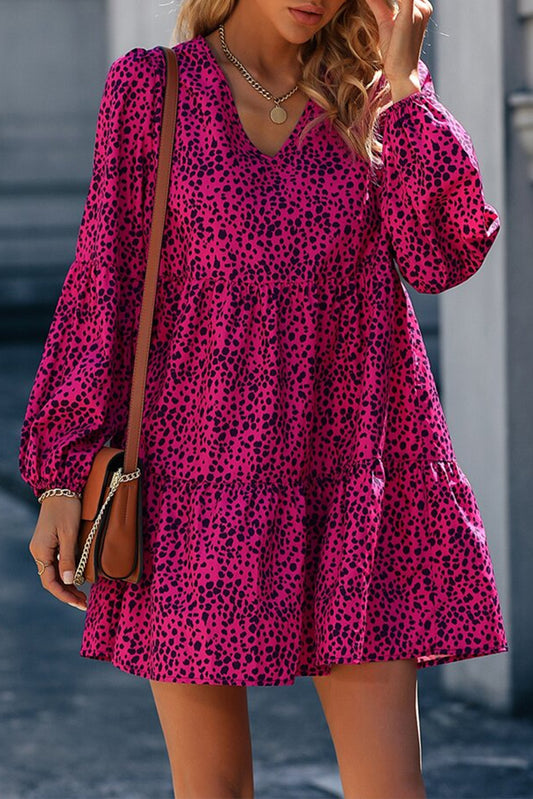 Rose Red Leopard Print Split Neck Flowy Tiered Short Dress Dresses JT's Designer Fashion