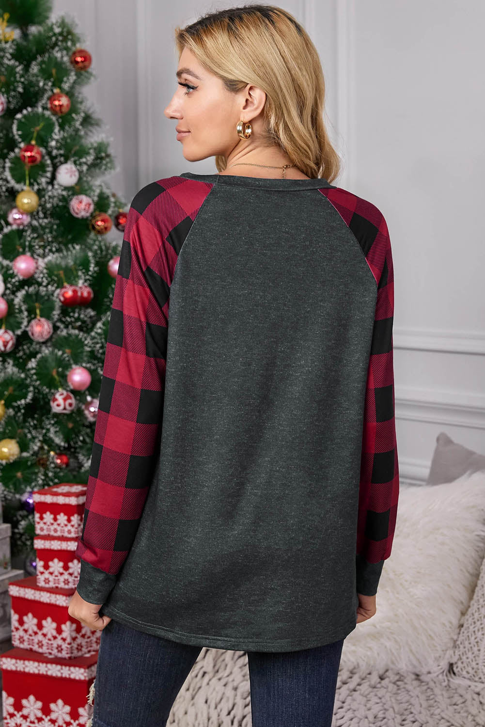 Red Plaid Christmas Print Long Sleeve Top Long Sleeve Tops JT's Designer Fashion