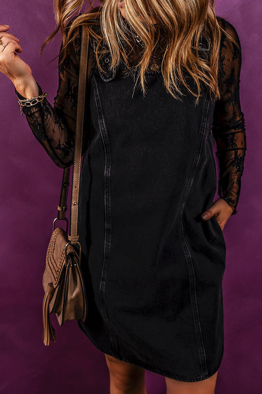 Black Sheer Mesh Sleeve Shift Denim Mini Dress Dresses JT's Designer Fashion