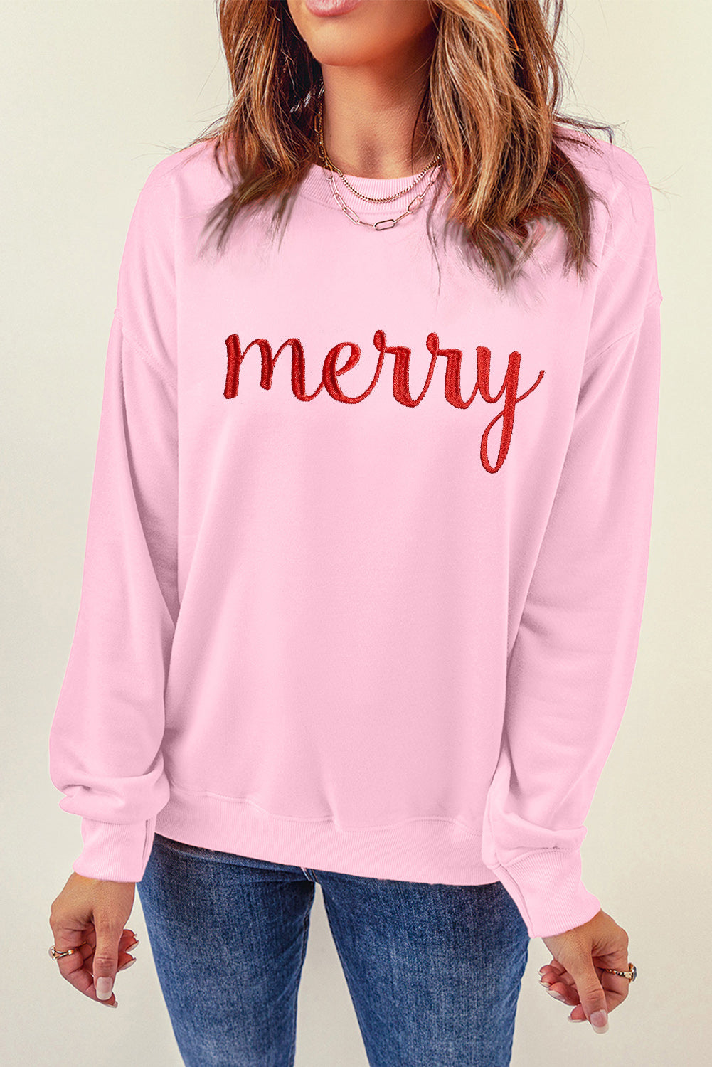 Pink merry Embroidered Drop Shoulder Sweatshirt Graphic Sweatshirts JT's Designer Fashion