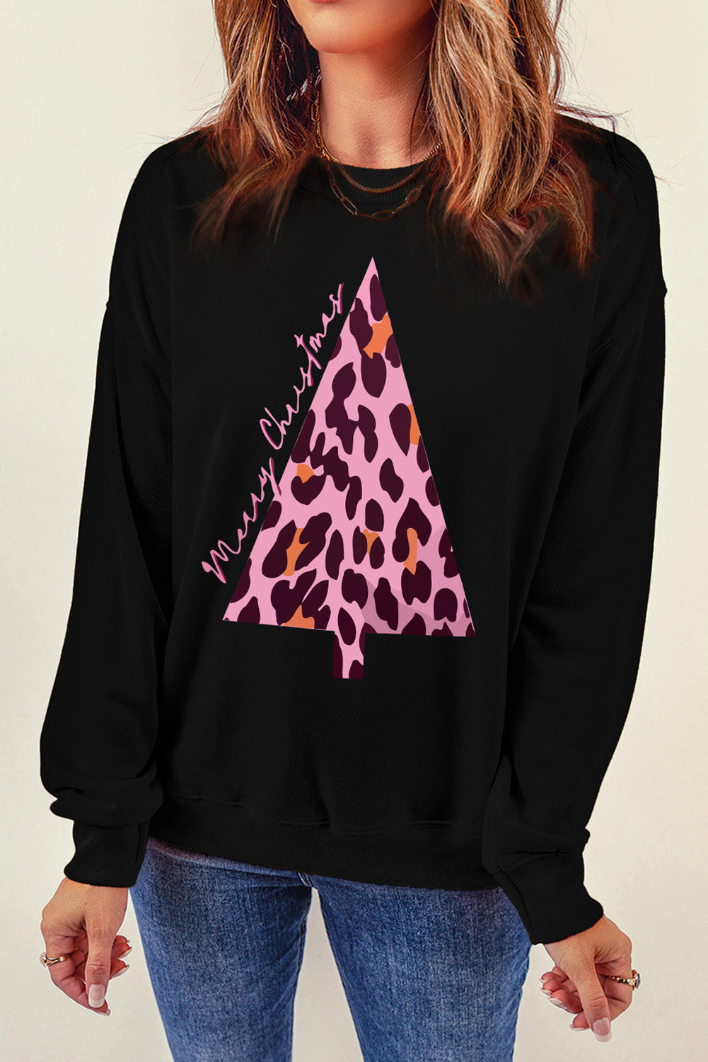 Black Leopard Christmas Tree Print Pullover Sweatshirt Graphic Sweatshirts JT's Designer Fashion