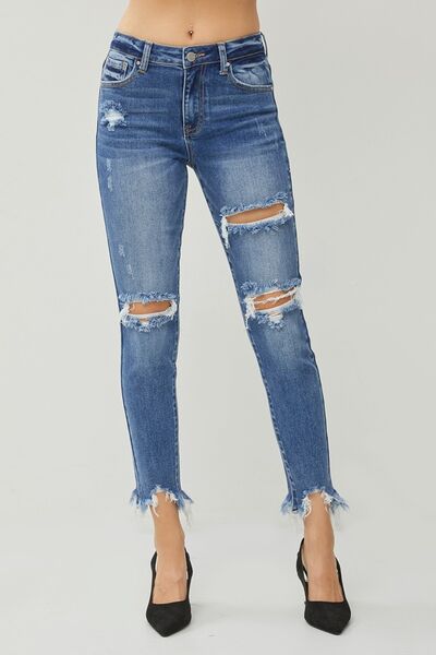 RISEN Distressed Frayed Hem Slim Jeans DARK Jeans JT's Designer Fashion