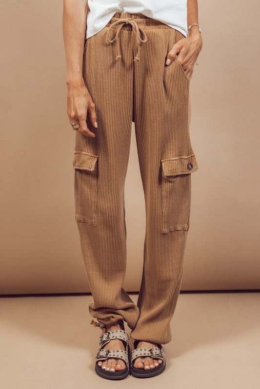 Camel Waffle Knit Drawstring Cargo Pants Bottoms JT's Designer Fashion