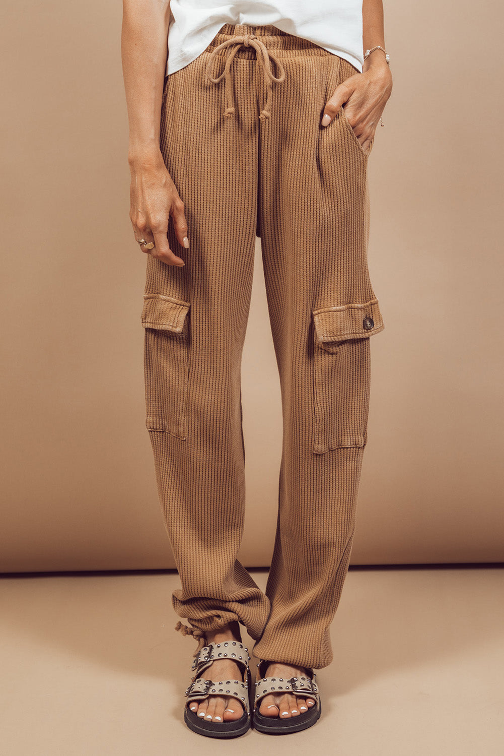 Camel Waffle Knit Drawstring Cargo Pants Bottoms JT's Designer Fashion