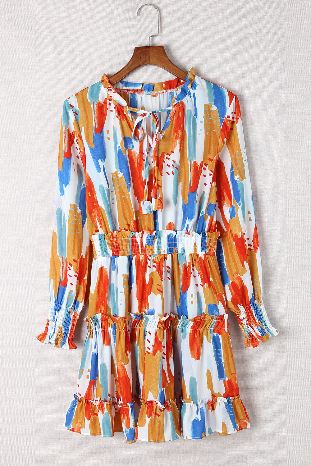 Multicolor Abstract Print V Neck Long Sleeve Tie Waist Mini Dress Dresses JT's Designer Fashion