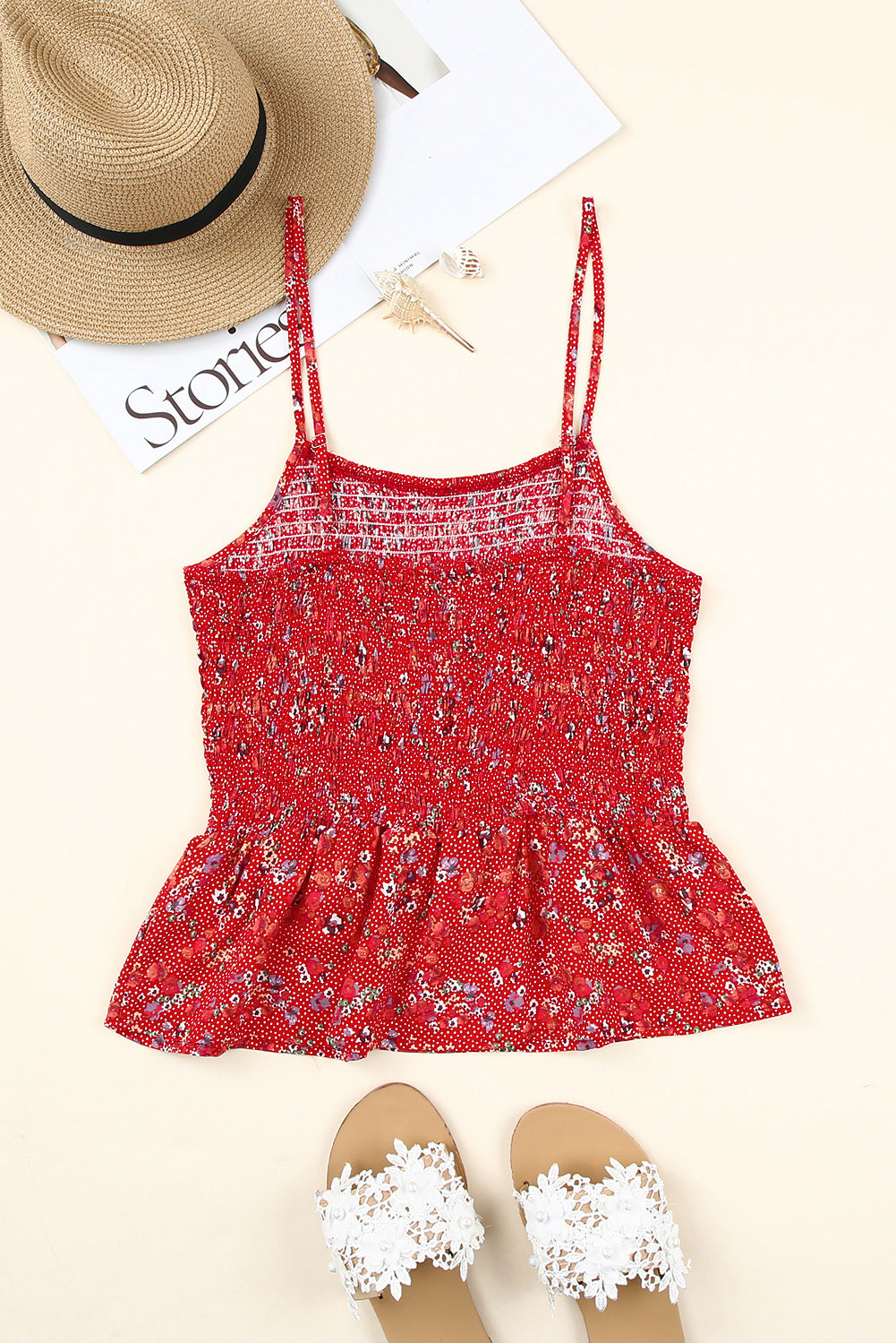 Fiery Red Floral Print Smocked Flounce Spaghetti Strap Camisole Tank Tops JT's Designer Fashion