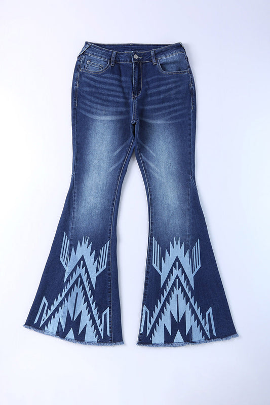 Blue Western Pattern High Rise Flare Jeans Jeans JT's Designer Fashion