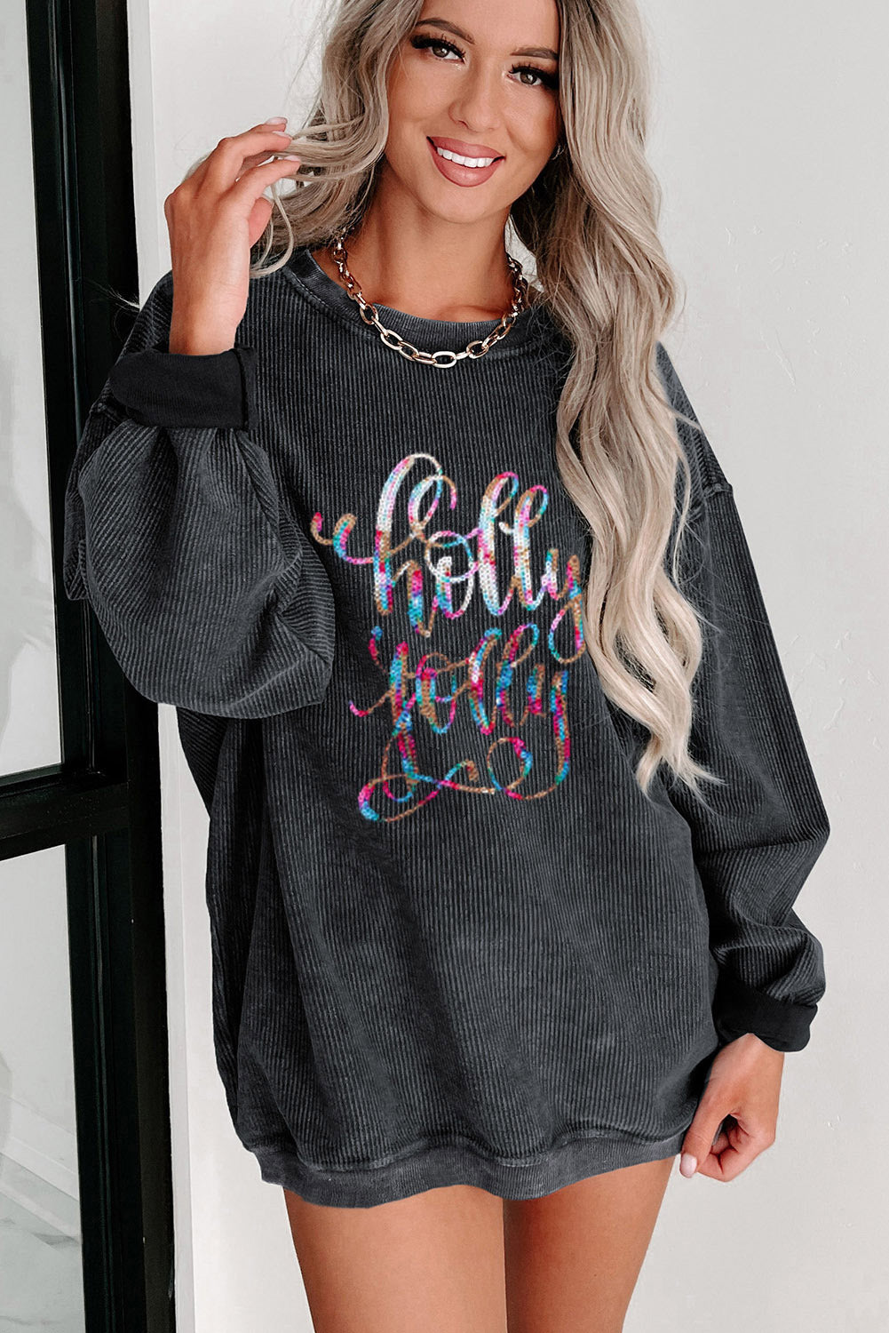 Black Holly Jolly Print Corded Oversized Sweatshirt Graphic Sweatshirts JT's Designer Fashion