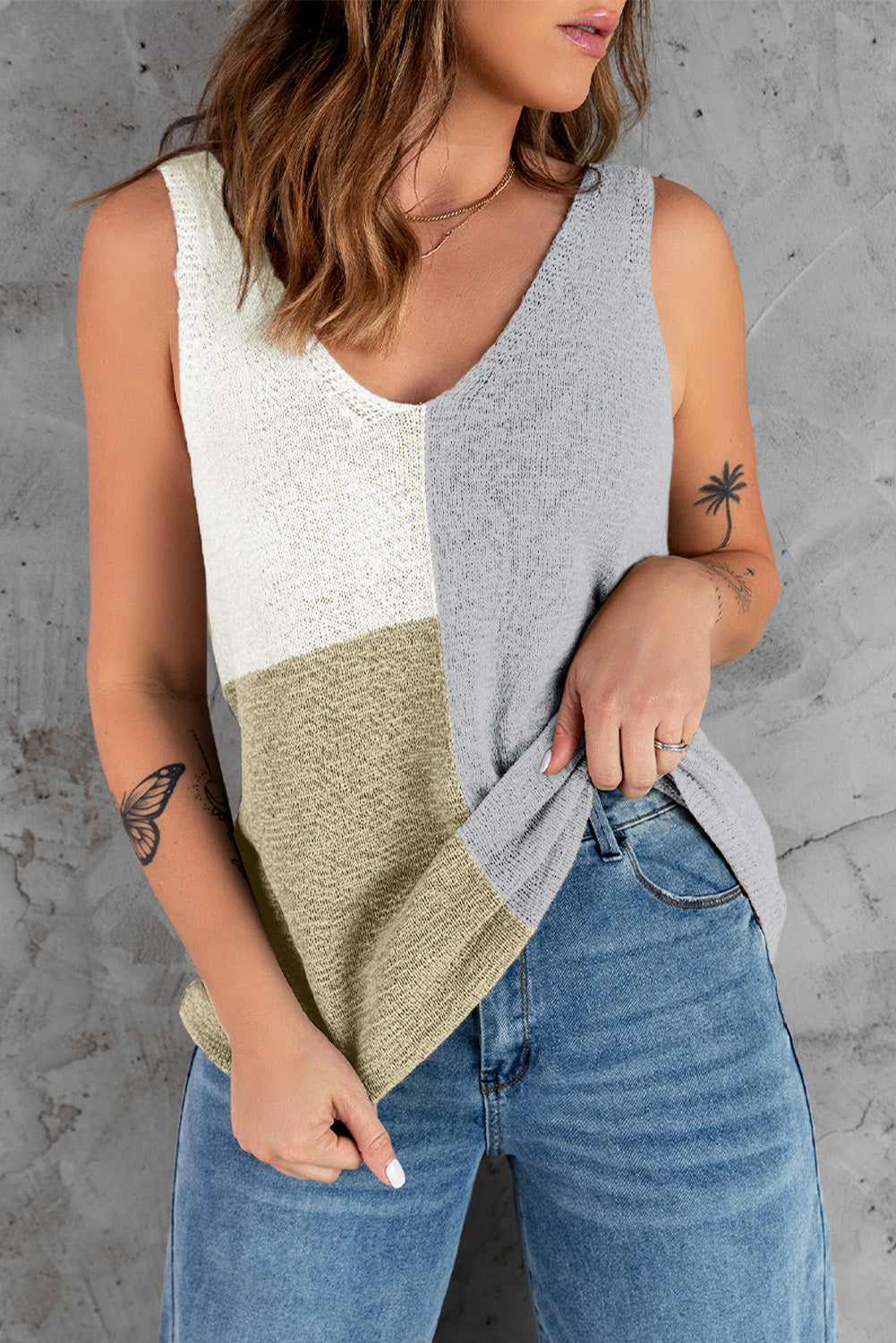 Gray Color Block Knitted Tank Top Gray 60%Acrylic+40%Polyamide Tank Tops JT's Designer Fashion