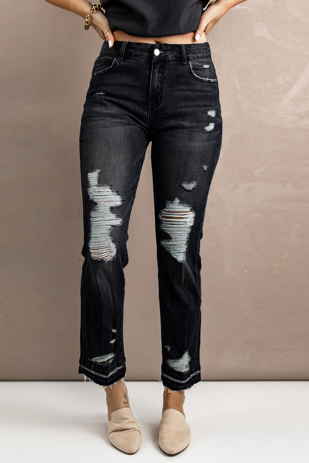 Black Washed Straight Leg Distressed High Waist Jeans Jeans JT's Designer Fashion