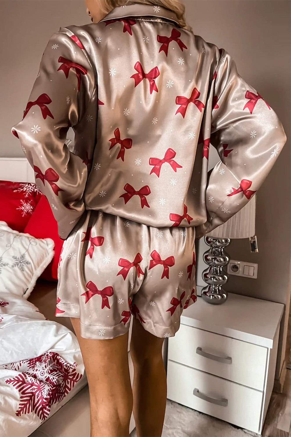 Khaki Bowknot Snowflake Satin Shirt Shorts Pajamas Set Loungewear JT's Designer Fashion