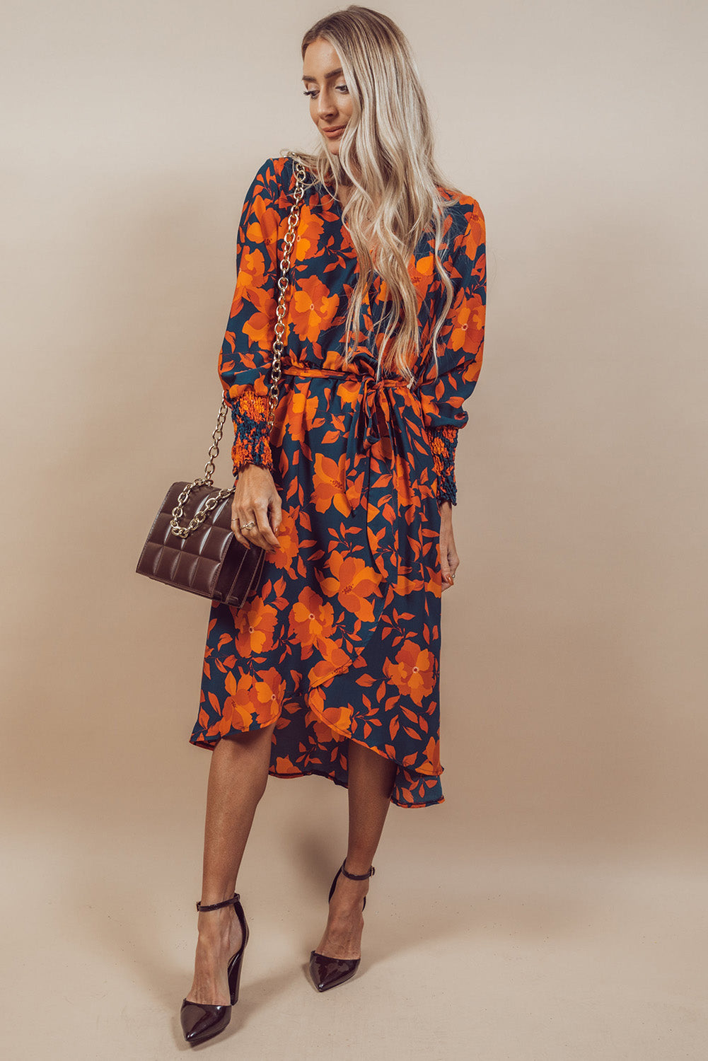 Orange Faux Wrap Belted Long Floral Dress Dresses JT's Designer Fashion