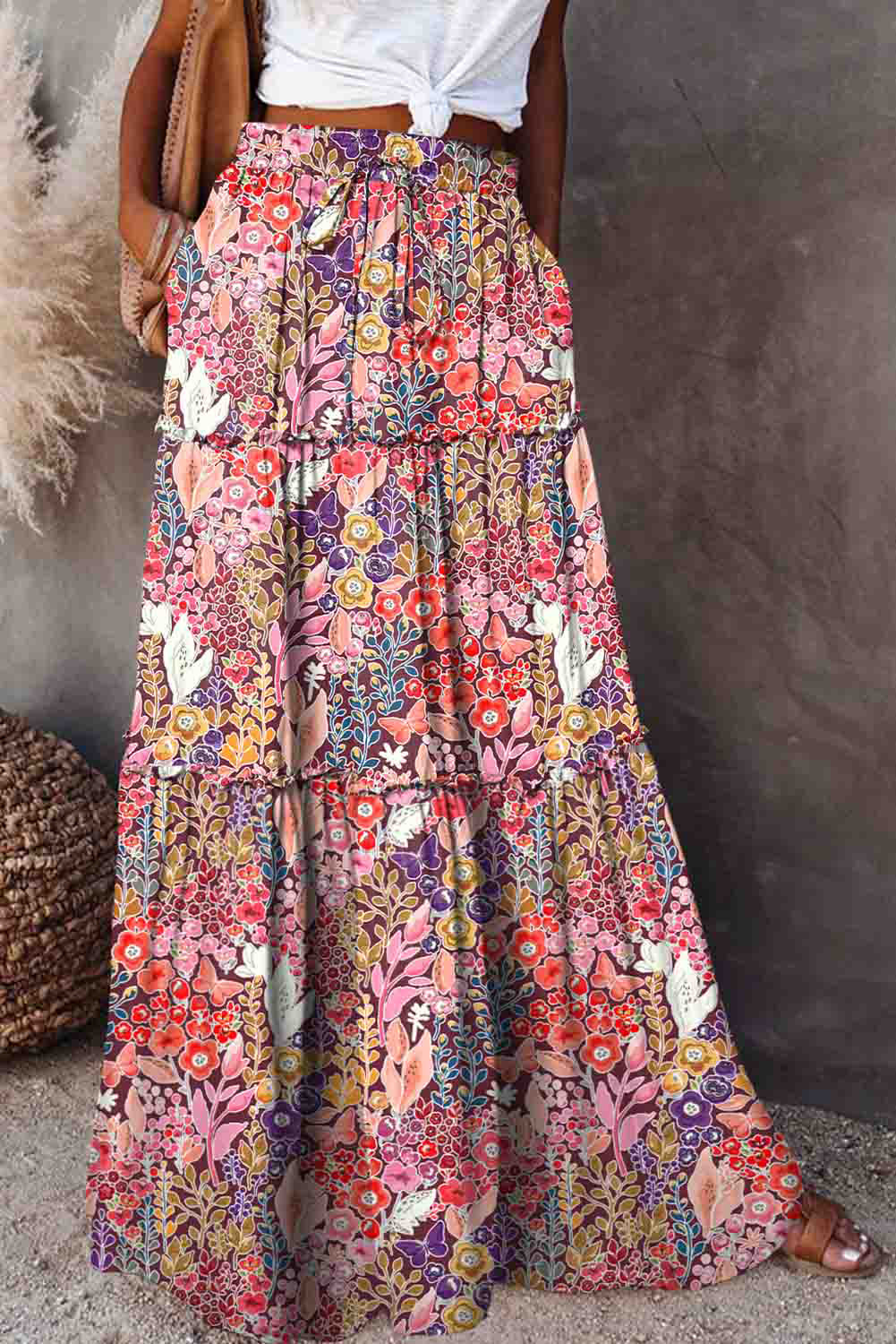 Multicolor Boho Floral Print High Waist Maxi Skirt Bottoms JT's Designer Fashion