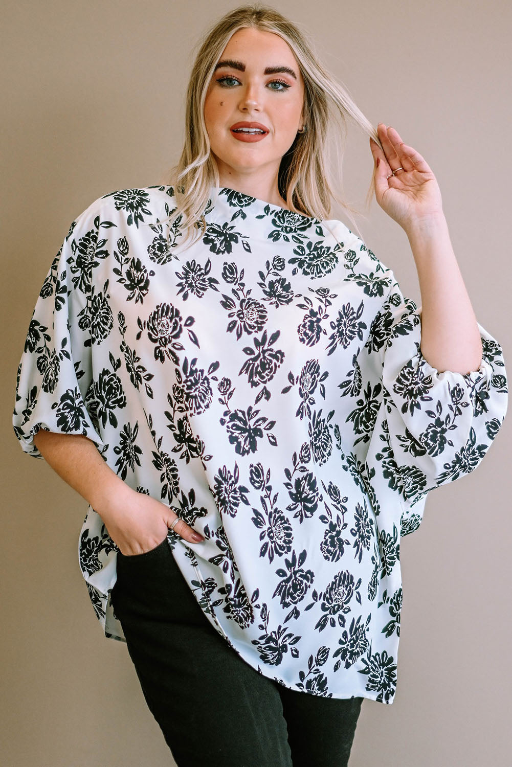 White Opposites Attract Boat Neck Floral Dolman Sleeve Top Plus Size Tops JT's Designer Fashion