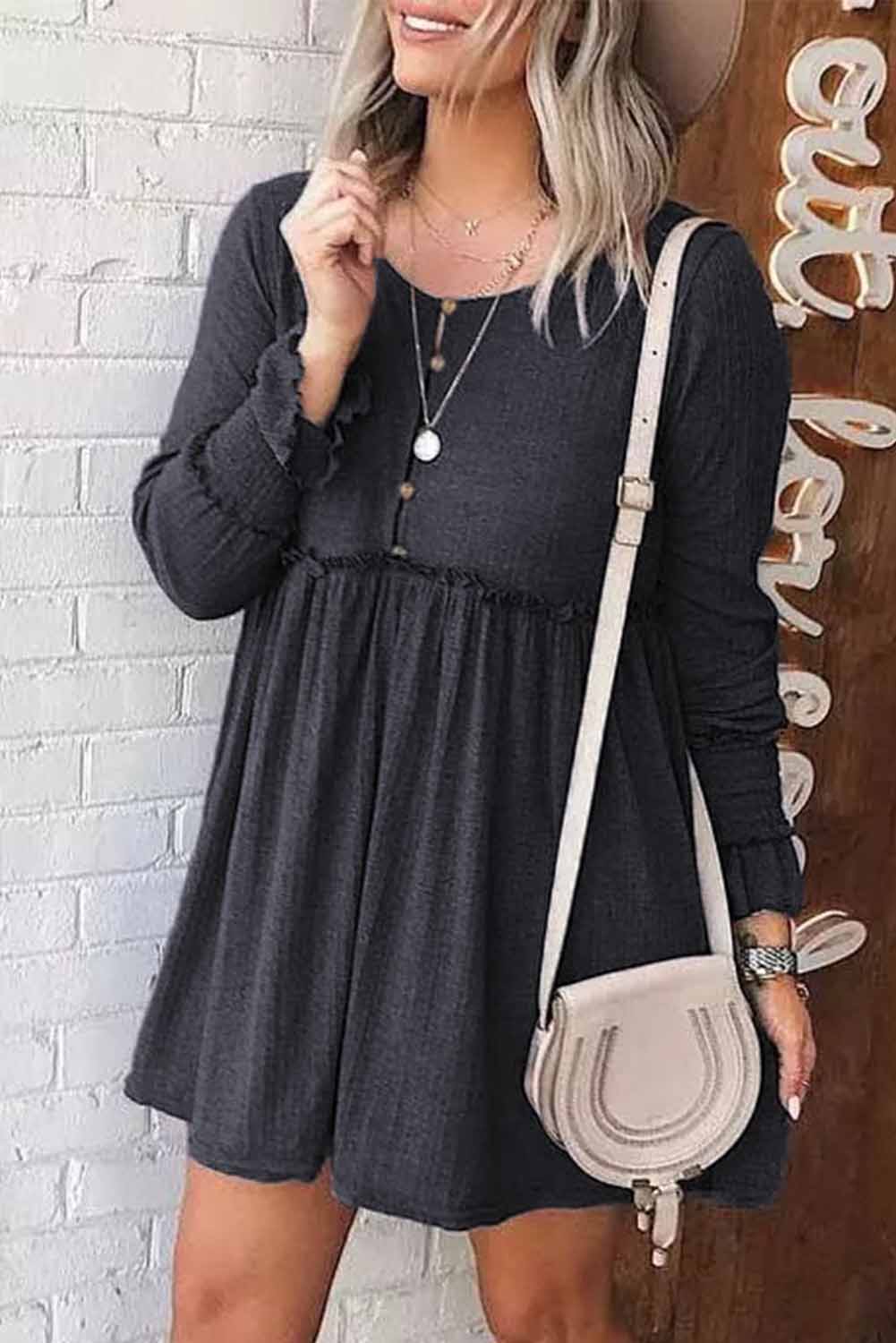 Gray Textured Button Long Sleeve Babydoll Dress Mini Dresses JT's Designer Fashion