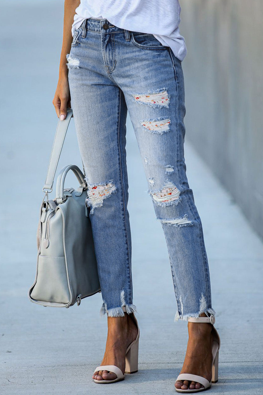 White Floral Print Patch Distressed Raw Hem Jeans Jeans JT's Designer Fashion