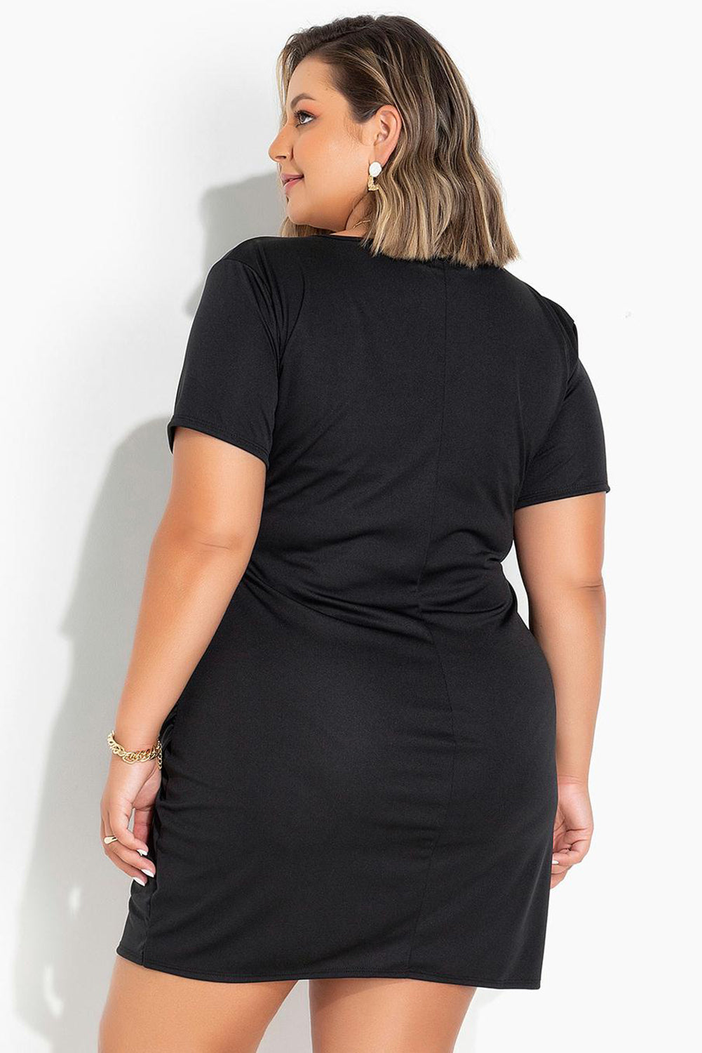 Black Wrap Ruched Short Sleeves Plus Size Mini Dress Plus Size Dresses JT's Designer Fashion