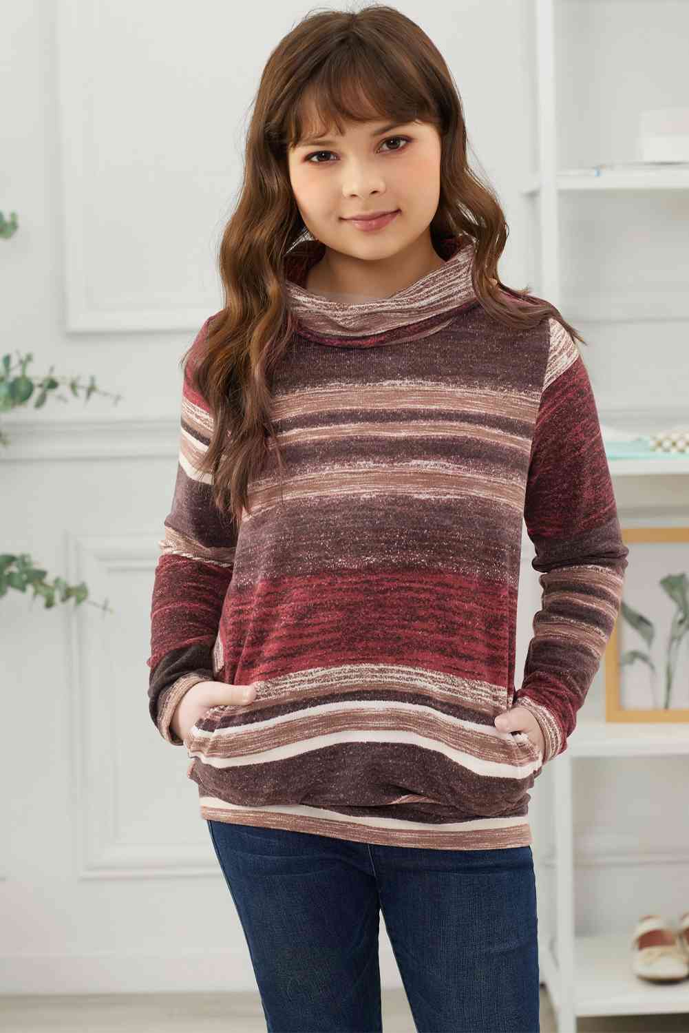 Girls Striped Cowl Neck Top with Pockets Taupe Wine Girls Tops JT's Designer Fashion