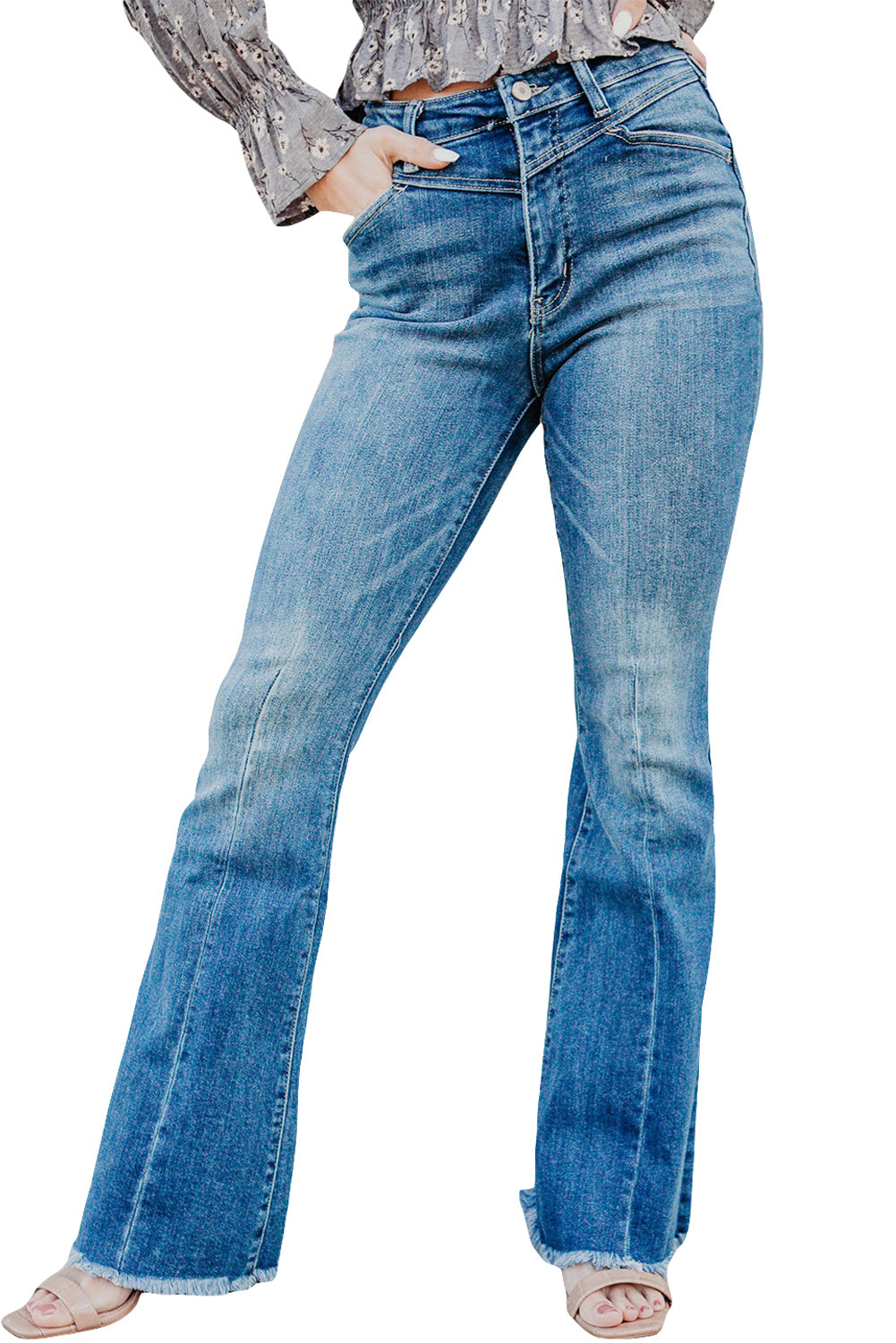 Sky Blue Seamed Raw Hem High Rise Flare Jeans Jeans JT's Designer Fashion