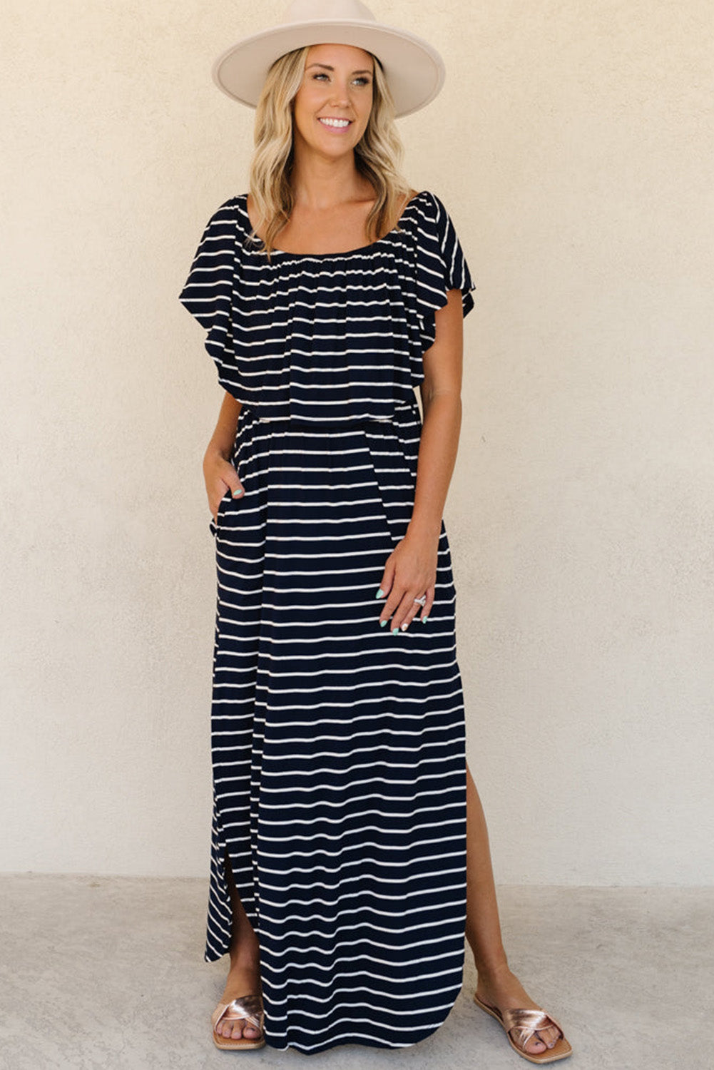 Blue Striped Print Ruffled High Waist Maxi Dress with Side Splits Maxi Dresses JT's Designer Fashion