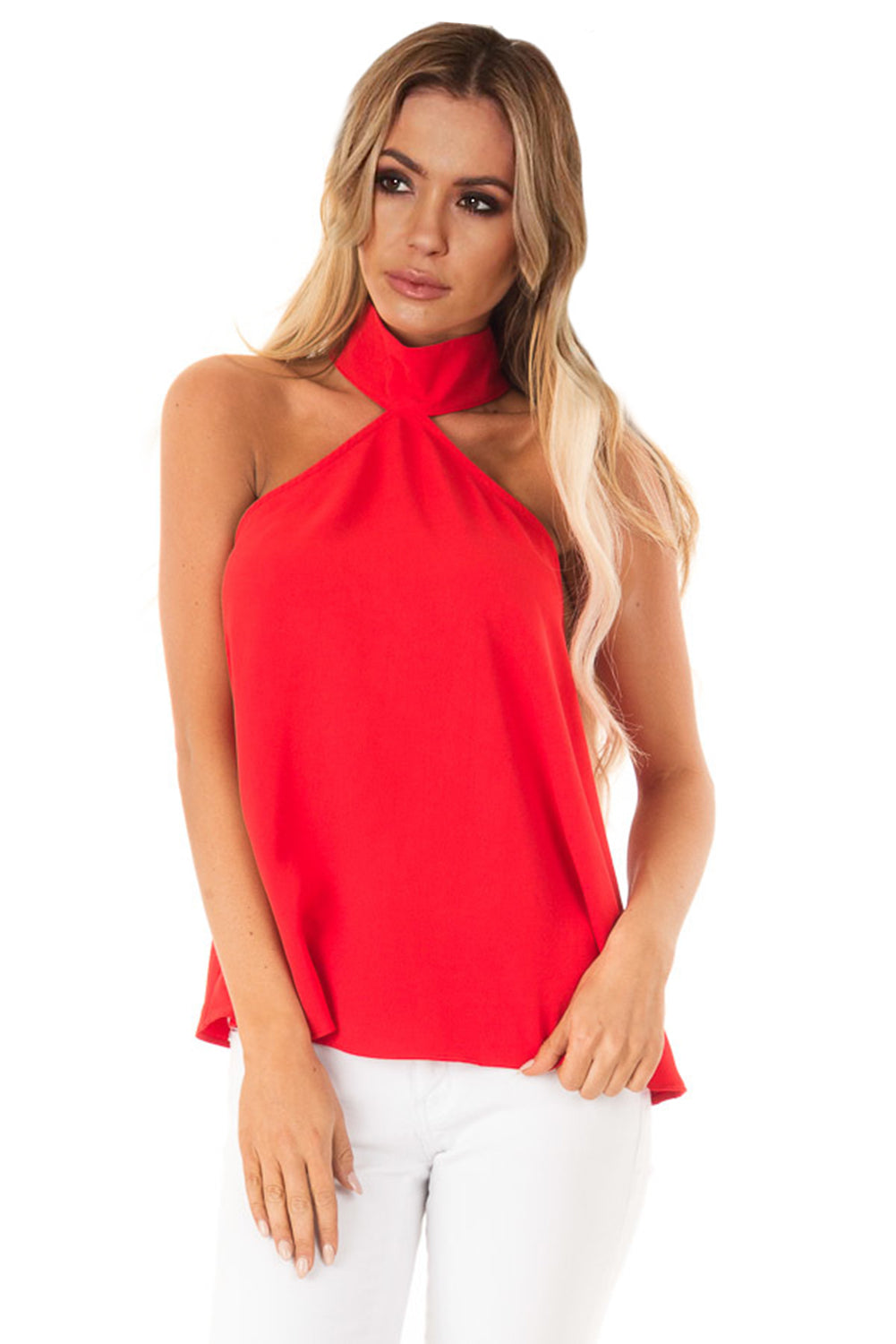 Red Sleeveless Halter Top with Keyhole Back Red 95%Polyester+5%Spandex Tank Tops JT's Designer Fashion