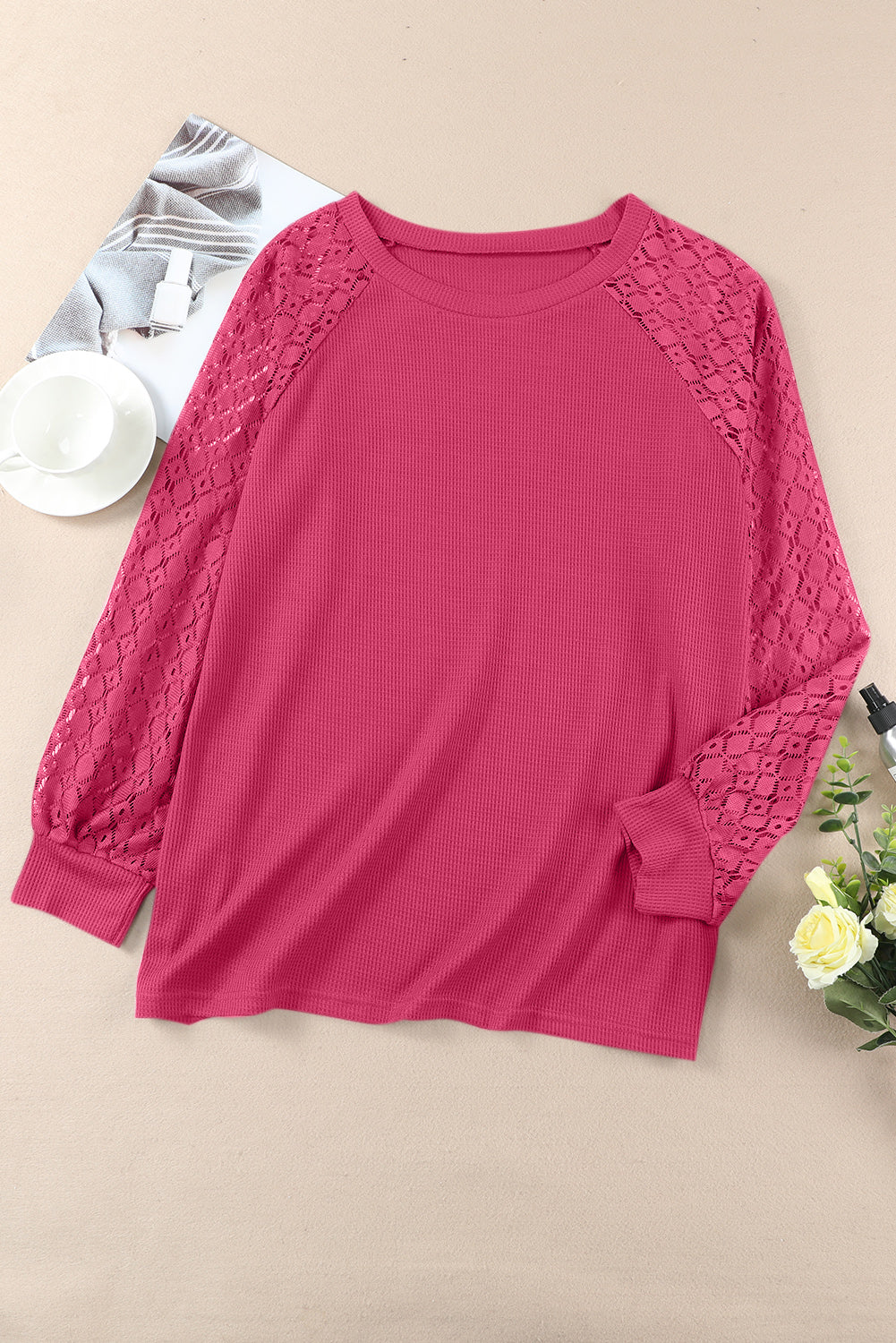 Strawberry Pink Plus Size Contrast Lace Sleeve Waffle Knit Top Pre Order Plus Size JT's Designer Fashion