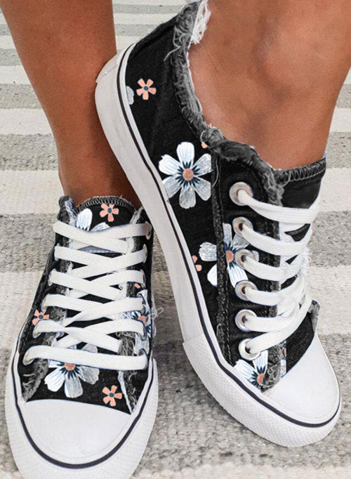 Black Floral Print Lace-up Canvas Sneakers Women's Shoes JT's Designer Fashion