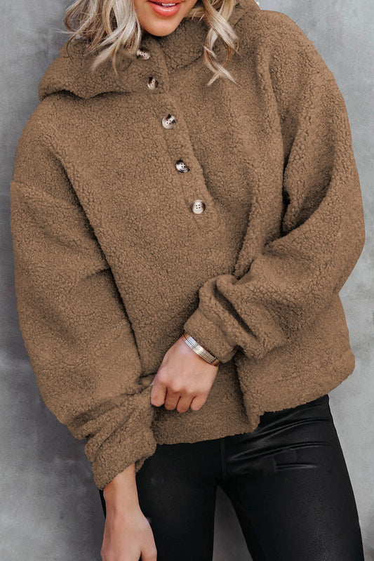 Brown Half Button Hooded Loose Teddy Sweatshirt Pre Order Sweatshirts & Hoodies JT's Designer Fashion