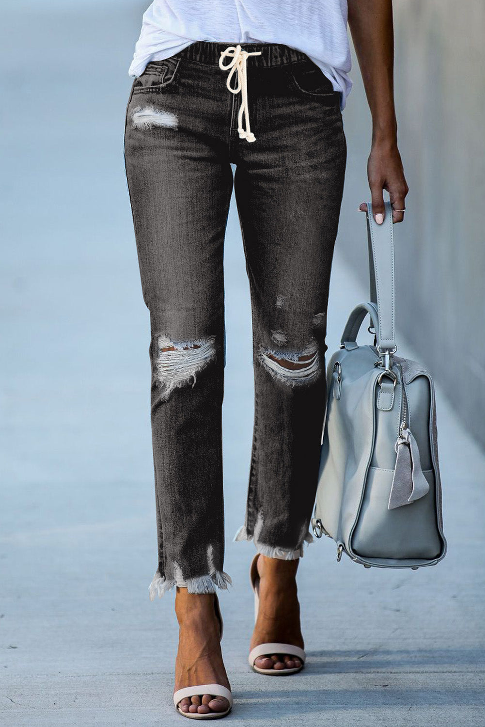 Black Elastic Waist Straight Leg Destroyed Raw Hem Jeans Black 70%Cotton+28.5%Polyester+1.5%Spandex Jeans JT's Designer Fashion