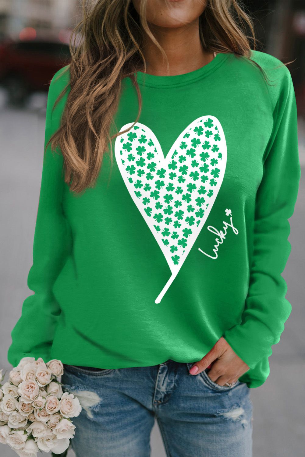 Green Lucky Clover Heart Graphic Raglan Sleeve Sweatshirt Green 85%Polyester+10%Cotton+5%Elastane Graphic Sweatshirts JT's Designer Fashion