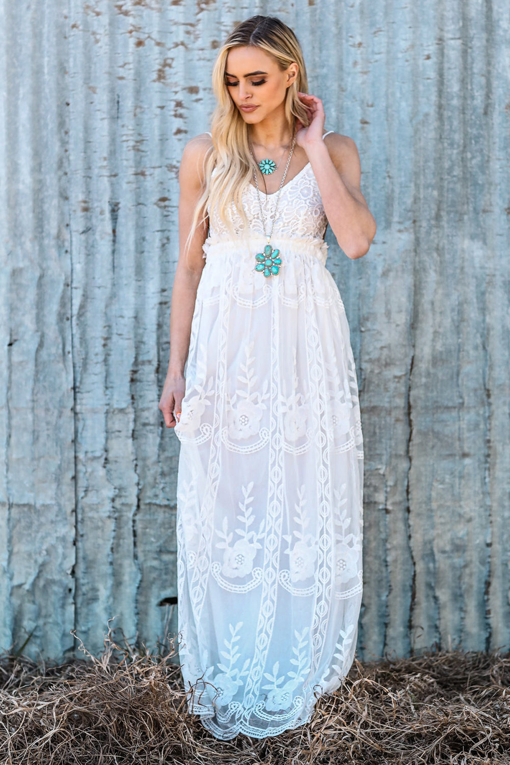 White Contrast Lace Backless Spaghetti Strap Maxi Dress Maxi Dresses JT's Designer Fashion