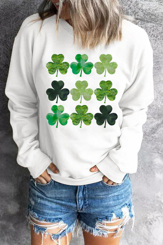 White St. Patrick's Day Clover Print Long Sleeve Sweatshirt White 95%Polyester+5%Spandex Graphic Sweatshirts JT's Designer Fashion