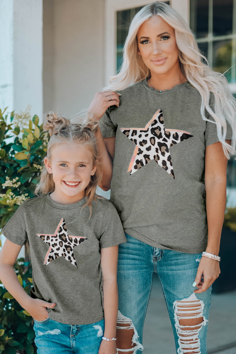 Gray Leopard Star Print Crew Neck Short Sleeve T Shirt Family T-shirts JT's Designer Fashion