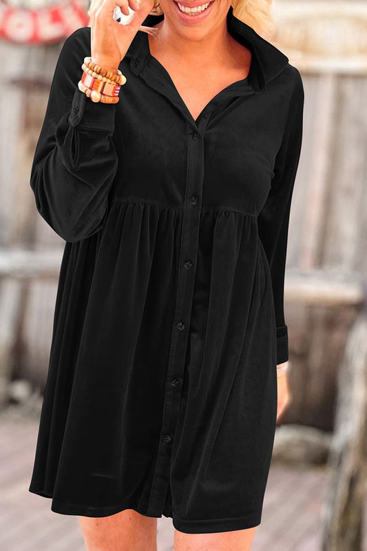 Black Long Sleeve Ruffle Velvet Button Up Dress Dresses JT's Designer Fashion