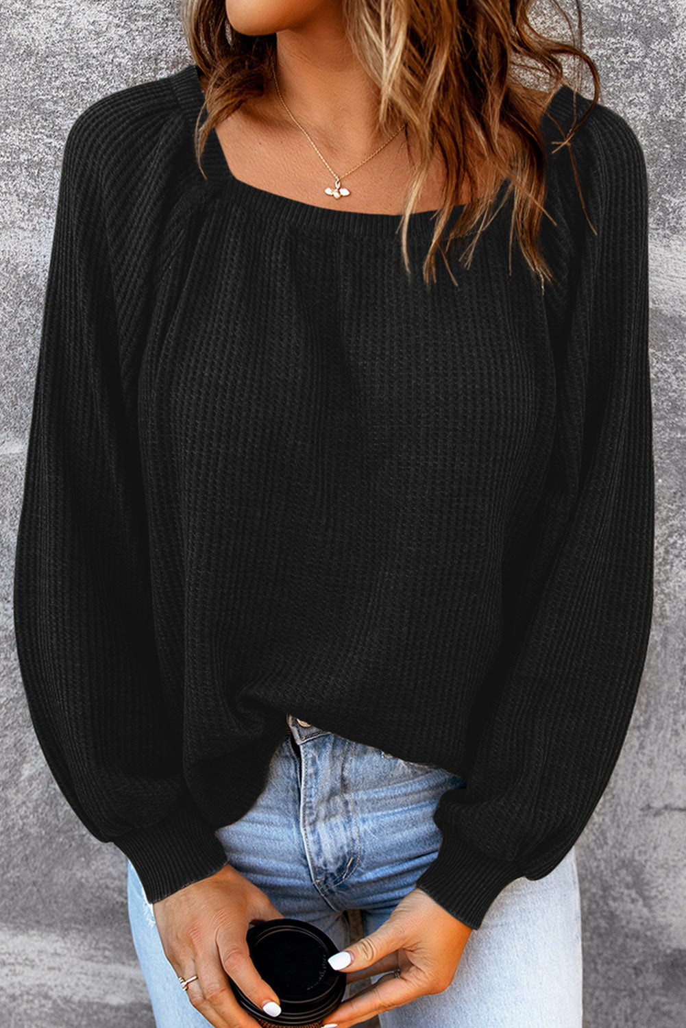 Black Scoop Neck Puff Sleeve Waffle Knit Top Long Sleeve Tops JT's Designer Fashion