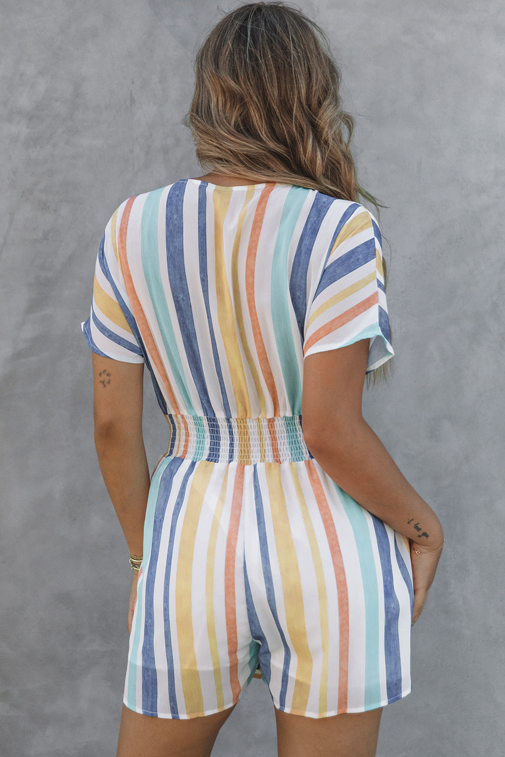 Striped Print V-neck Button Romper Jumpsuits & Rompers JT's Designer Fashion