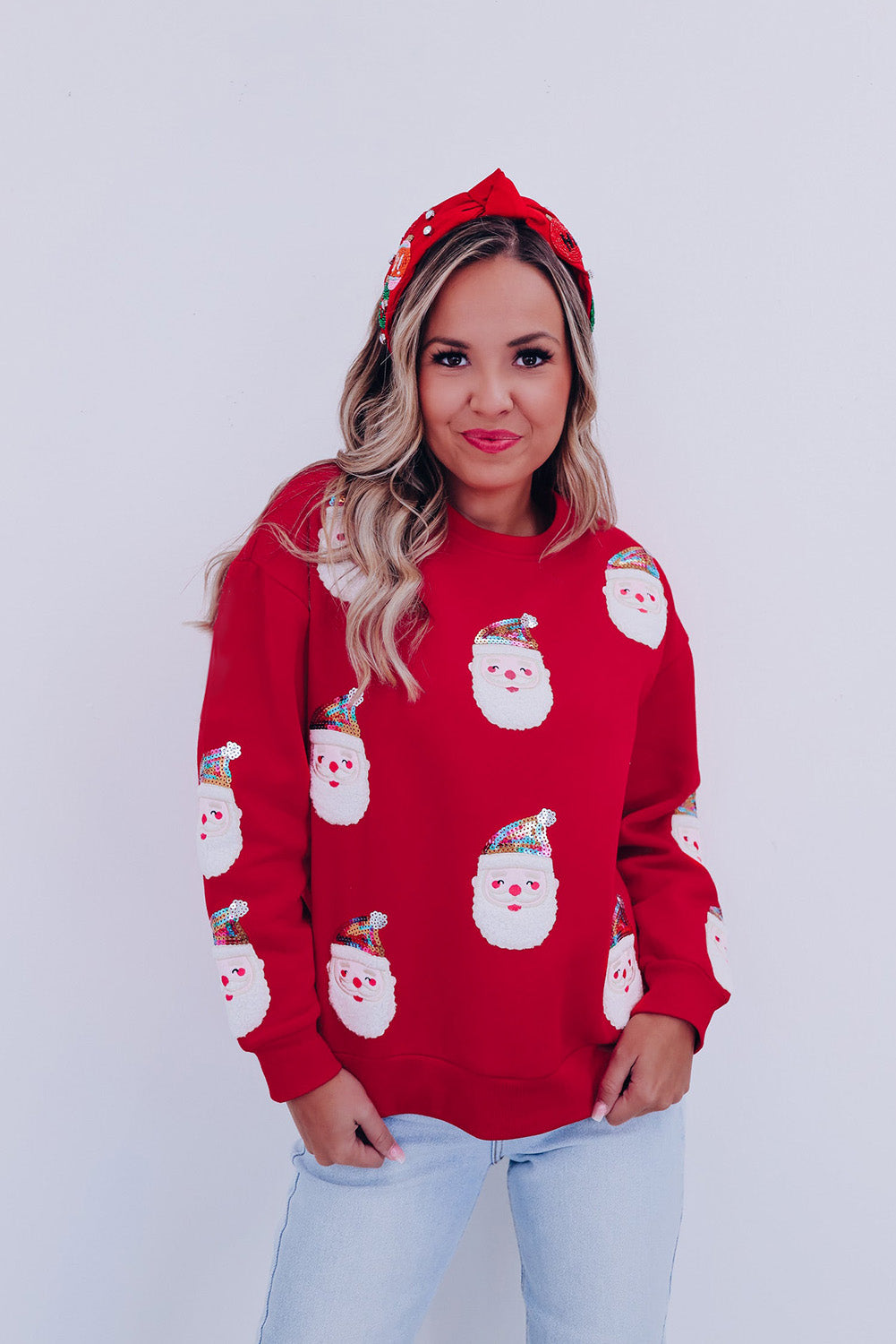 Fiery Red Sequined Christmas Santa Clause Graphic Sweatshirt Graphic Sweatshirts JT's Designer Fashion