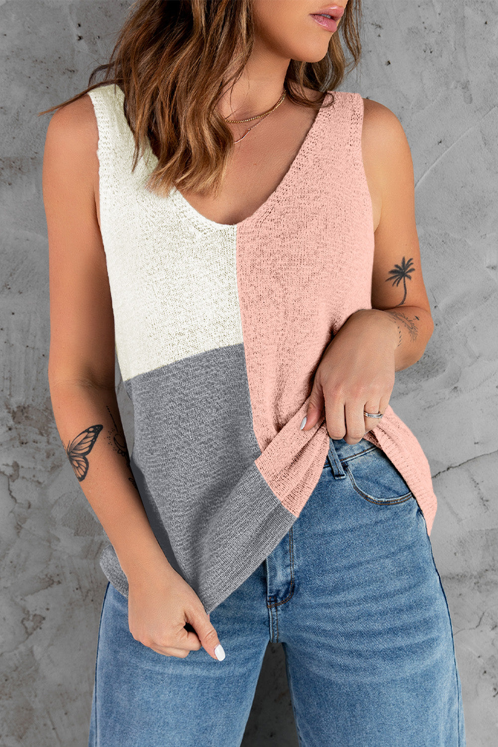 Pink Color Block Knitted Tank Top Pink 60%Acrylic+40%Polyamide Tank Tops JT's Designer Fashion