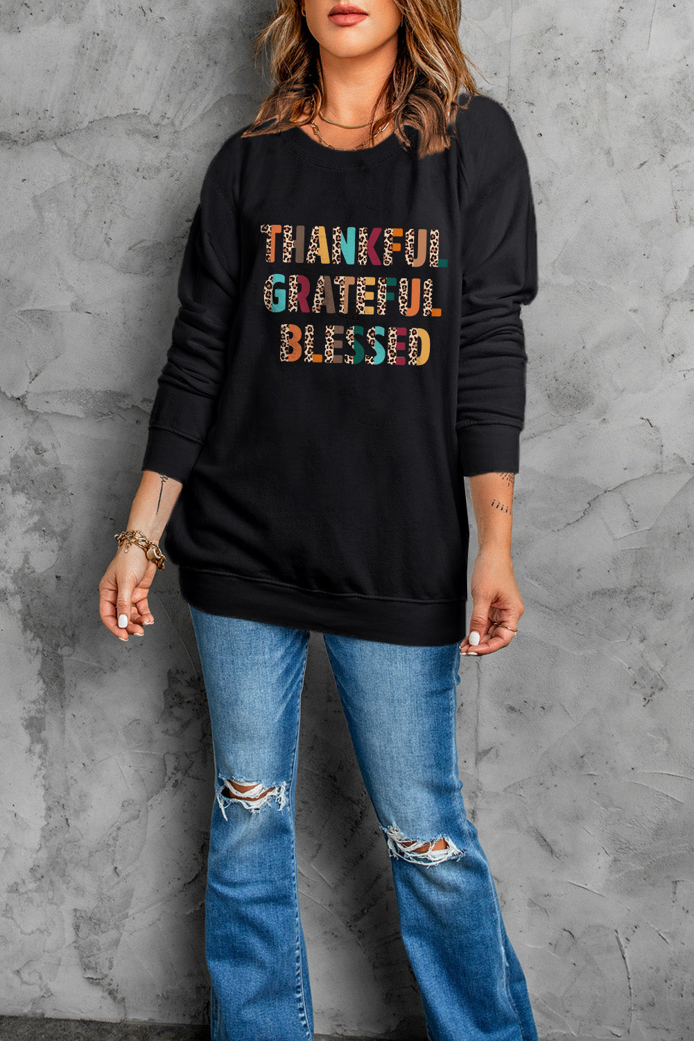 Black Leopard TANKFUL GRATEFUL BLESSED Graphic Sweatshirt Graphic Sweatshirts JT's Designer Fashion